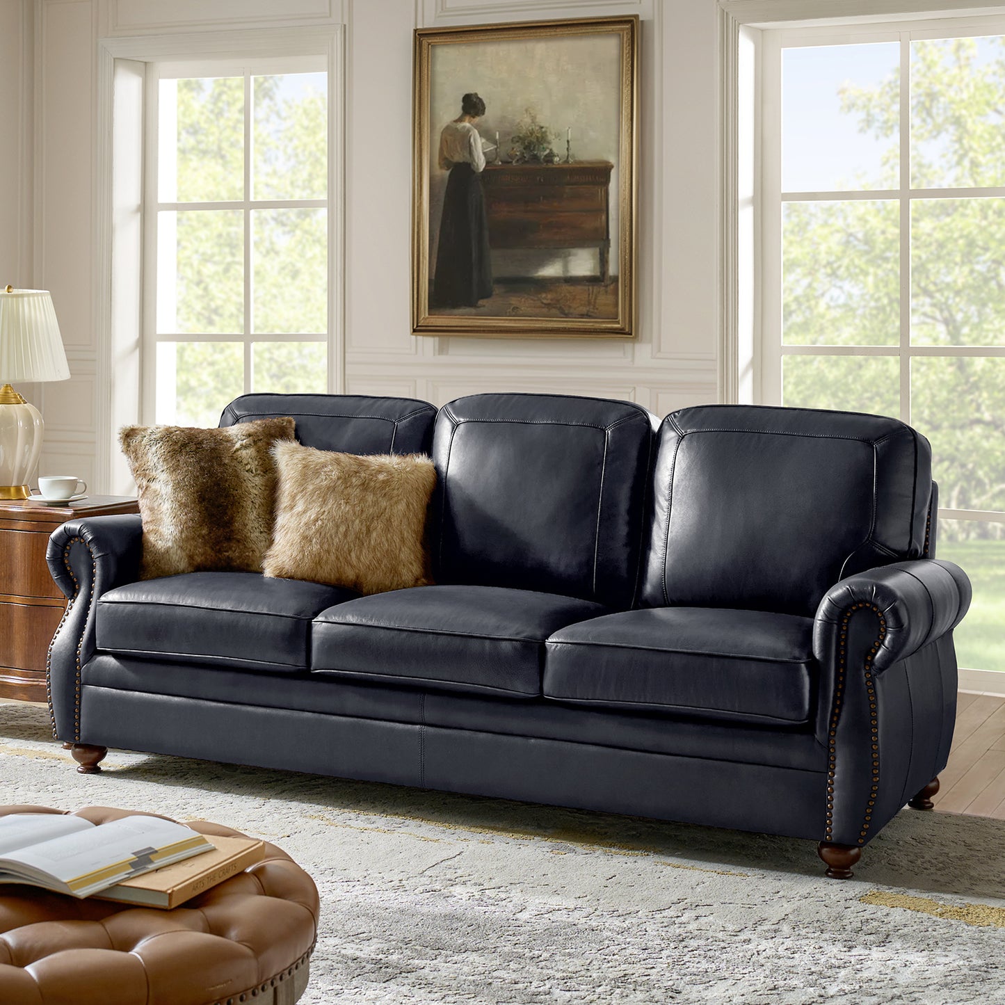 Gerardo Genuine Leather Sofa – Navy Blue Rolled Arm Nailhead Sofa