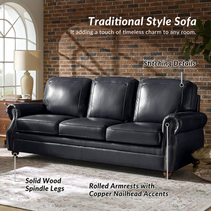 Gerardo Genuine Leather Sofa – Navy Blue Rolled Arm Nailhead Sofa