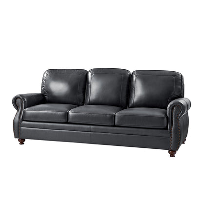 Gerardo Genuine Leather Sofa – Navy Blue Rolled Arm Nailhead Sofa