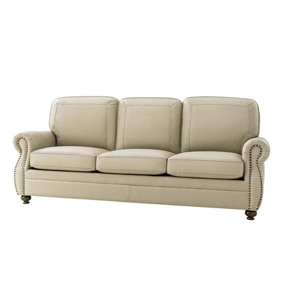 Gerardo Genuine Leather Sofa – Tan Rolled Arm Nailhead Sofa