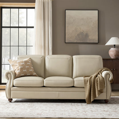 Gerardo Genuine Leather Sofa – Tan Rolled Arm Nailhead Sofa