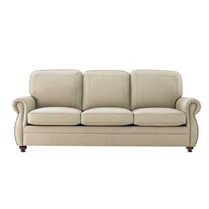 Gerardo Genuine Leather Sofa – Tan Rolled Arm Nailhead Sofa