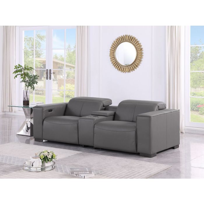 The Serrano – Dark Gray Genuine Leather Dual Power Reclining Console Loveseat