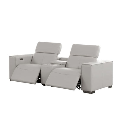 The Meridian – Light Gray Genuine Leather Dual Power Reclining Console Loveseat