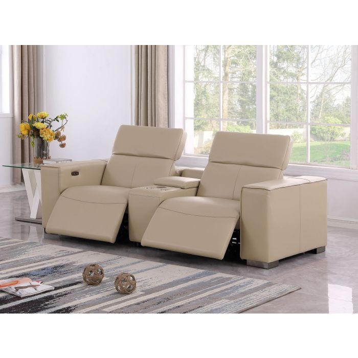 The Cortona – Beige Genuine Leather Dual Power Reclining Console Loveseat
